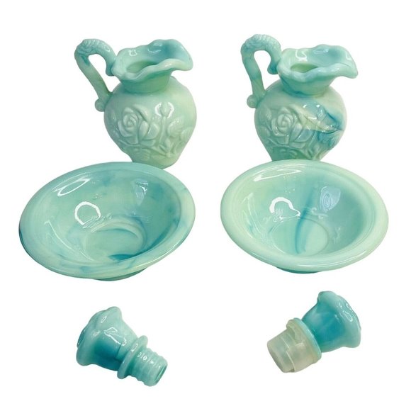 Avon Jadeite Decanter Bottle Pitcher and Bowl w/ Stoppers 5" Victoriana Glass - Picture 2 of 11